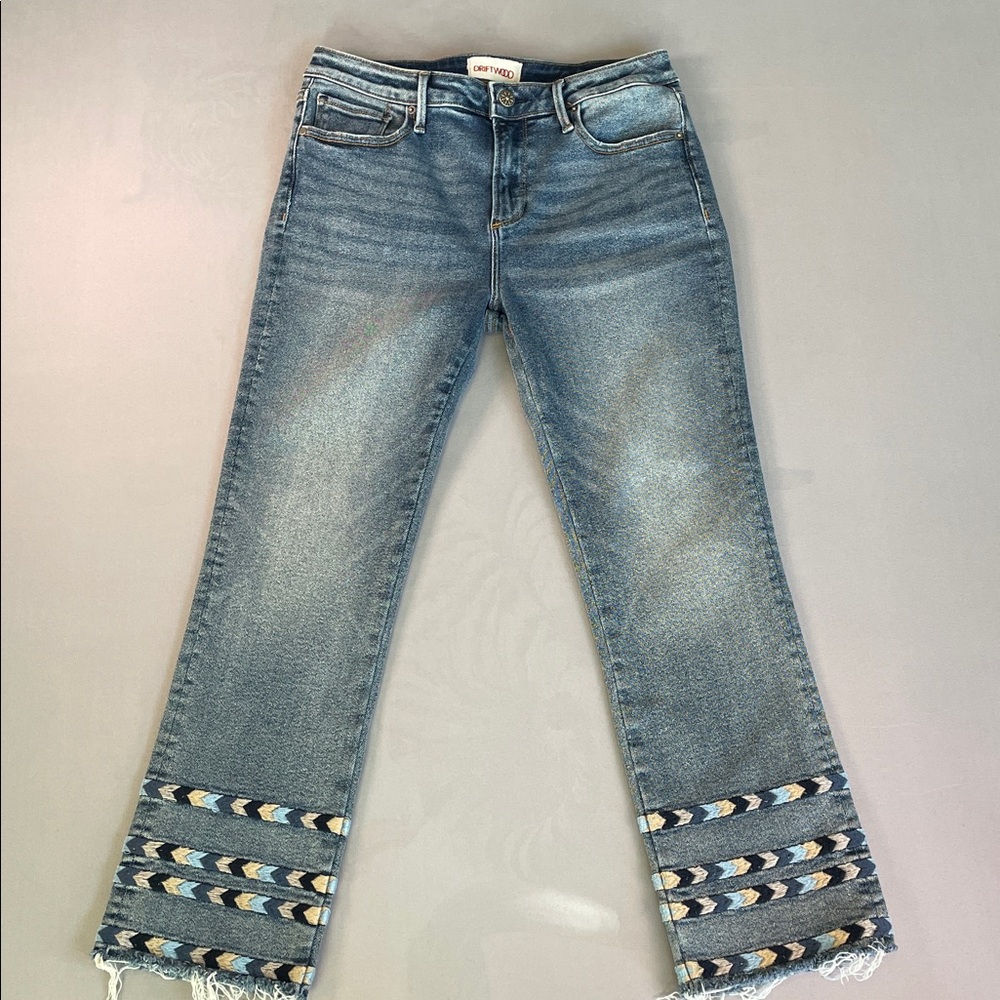 DRIFTWOOD Colette Embroidered Cropped Jeans Frayed Hem Boho
